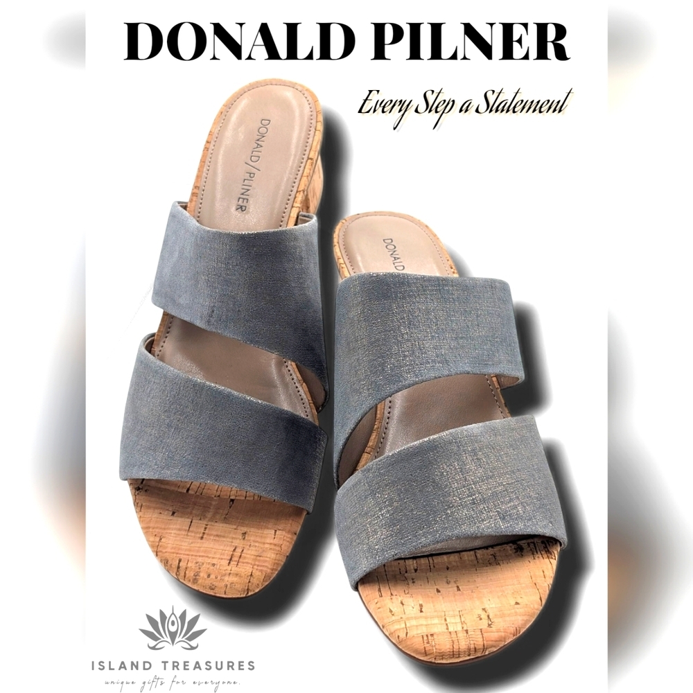 DONALD PLINER Magret Block Heel Sandals Shoes Size 11 Grey/Silver Double Strap